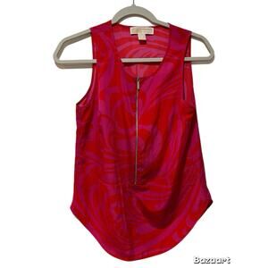 Michael Kors Red & Pink Swirl Pattern Zip Front Tank Top, Size XS
